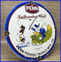 Vintage Penn Reels Porcelain Sign Fly Fishing Rod Tackle Yo Zuri Rapala Gas Oil