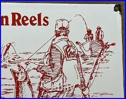 Vintage Penn Reels Porcelain Sign Fly Fishing Rod Tackle Yo Zuri Rapala Gas Oil