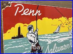 Vintage Penn Reels Porcelain Sign Fly Fishing Rod Tackle Yo Zuri Rapala Gas Oil