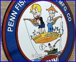 Vintage Penn Reels Porcelain Sign Fly Fishing Rod Tackle Yo Zuri Rapala Gas Oil