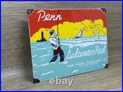 Vintage Penn Reels Porcelain Sign Fly Fishing Rod Tackle Yo Zuri Rapala Gas Oil