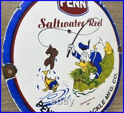 Vintage Penn Reels Porcelain Sign Fly Fishing Rod Tackle Yo Zuri Rapala Gas Oil