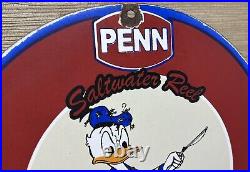 Vintage Penn Reels Porcelain Sign Fly Fishing Rod Tackle Yo Zuri Rapala Gas Oil