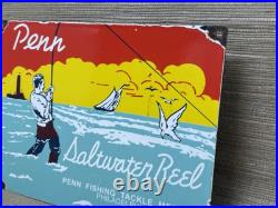 Vintage Penn Reels Porcelain Sign Fly Fishing Rod Tackle Yo Zuri Rapala Gas Oil