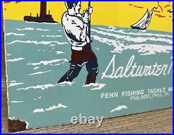 Vintage Penn Reels Porcelain Sign Fly Fishing Rod Tackle Yo Zuri Rapala Gas Oil