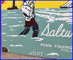 Vintage Penn Reels Porcelain Sign Fly Fishing Rod Tackle Yo Zuri Rapala Gas Oil