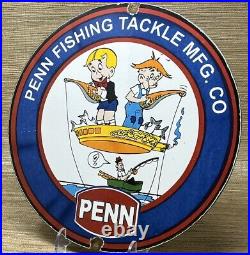 Vintage Penn Reels Porcelain Sign Fly Fishing Rod Tackle Yo Zuri Rapala Gas Oil