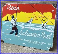 Vintage Penn Reels Porcelain Sign Fly Fishing Rod Tackle Yo Zuri Rapala Gas Oil