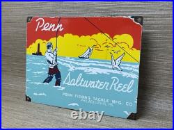 Vintage Penn Reels Porcelain Sign Fly Fishing Rod Tackle Yo Zuri Rapala Gas Oil