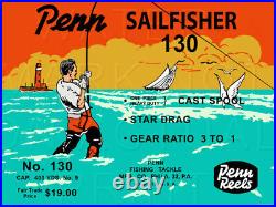 Vintage Penn Sailfisher #130 Fishing Reel Box Label Recreated on Satin Canvas