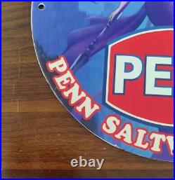 Vintage Penn Salt Water Reel Mermaid Porcelain Enamel Purple Sea Bluepinup Sign