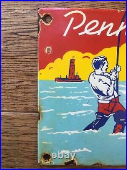 Vintage Penn Saltwater Fishing Reels Heavy Porcelain Sign 10x6.5
