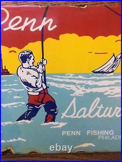 Vintage Penn Saltwater Fishing Reels Heavy Porcelain Sign 10x6.5