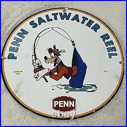Vintage Penn Saltwater Reel Disney Goofy Fishing Gas Oil Service Porcelain Sign