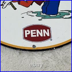 Vintage Penn Saltwater Reel Disney Goofy Fishing Gas Oil Service Porcelain Sign