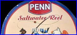 Vintage Penn Saltwater Reel Fishing Gas Oil Service Pump Porcelain Enamel Sign