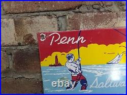 Vintage Penn Saltwater Reel Fishing & Tackle Porcelain Sign 10 X 6.5 Pa
