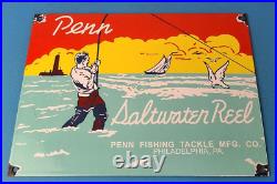 Vintage Penn Saltwater Reels Sign Fishing Gas Service Pump Porcelain Sign