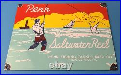 Vintage Penn Saltwater Reels Sign Fishing Gas Service Pump Porcelain Sign