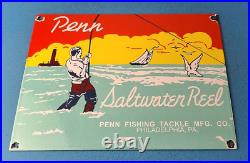 Vintage Penn Saltwater Reels Sign Fishing Gas Service Pump Porcelain Sign