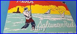 Vintage Penn Saltwater Reels Sign Fishing Gas Service Pump Porcelain Sign