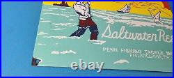 Vintage Penn Saltwater Reels Sign Fishing Gas Service Pump Porcelain Sign