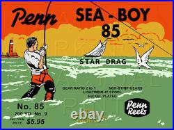 Vintage Penn Sea-Boy #85 Fishing Reel Box Label Recreated on Satin Canvas