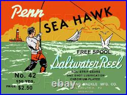 Vintage Penn Sea Hawk #42 Fishing Reel Box Label Recreated on Satin Canvas