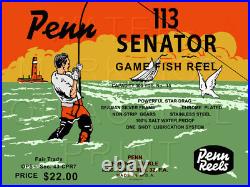 Vintage Penn Senator #113 Fishing Reel Box Label Recreated on Satin Canvas