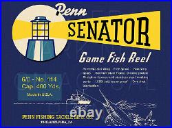 Vintage Penn Senator #114 6/0 Fishing Reel Box Label Recreated on Satin Canvas