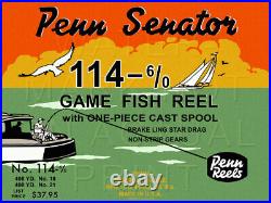 Vintage Penn Senator #114 6/0 Fishing Reel Box Label Recreated on Satin Canvas