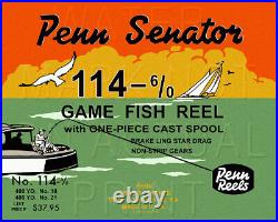 Vintage Penn Senator #114 Fishing Reel Box Label Recreated on Satin Canvas