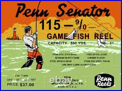 Vintage Penn Senator #115 9/0 Fishing Reel Box Label Recreated on Satin Canvas