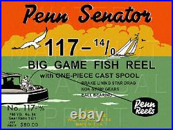 Vintage Penn Senator #117 14/0 Fishing Reel Box Label Recreated on Satin Canvas