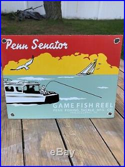 Vintage Penn Senator Reels Porcelain Saltwater Tackle Rapala Fishing Lures Sign