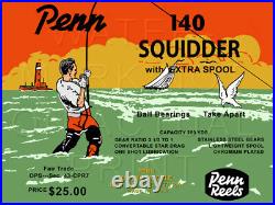 Vintage Penn Squidder #140 Fishing Reel Box Label Recreated on Satin Canvas