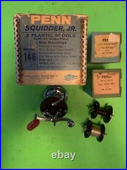 Vintage Penn Squidder Jr. No. 146 Fishing Reel With Original Box+2 Extra Spools