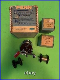 Vintage Penn Squidder Jr. No. 146 Fishing Reel With Original Box+2 Extra Spools