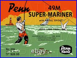 Vintage Penn Super-Mariner #49M Fishing Reel Box Label Recreated on Satin Canvas
