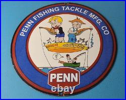 Vintage Porcelain Sign Penn Fishing Reels Tackle Gas Pump Plate Sign