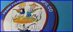 Vintage Porcelain Sign Penn Fishing Reels Tackle Gas Pump Plate Sign