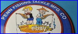 Vintage Porcelain Sign Penn Fishing Reels Tackle Gas Pump Plate Sign