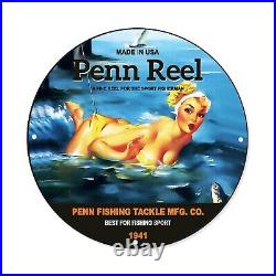 Vintage Style Penn Reel Fishing Tackle Fish Pinup Girl Porcelain Enamel Sign