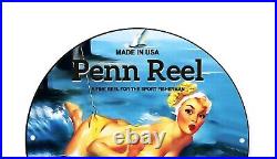 Vintage Style Penn Reel Fishing Tackle Fish Pinup Girl Porcelain Enamel Sign