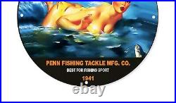Vintage Style Penn Reel Fishing Tackle Fish Pinup Girl Porcelain Enamel Sign