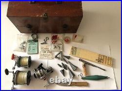Vintage Wood Tackle Box Fishing + 3 Reels (2 PENN Long Beach, 1 Daiwa) + Extras
