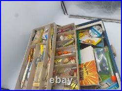 Vintage fishing Tackle Box Plano 7200 penn reels Cisco kid lures Rapalas bait