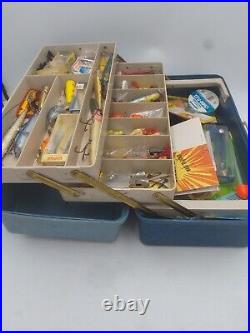 Vintage fishing Tackle Box Plano 7200 penn reels Cisco kid lures Rapalas bait