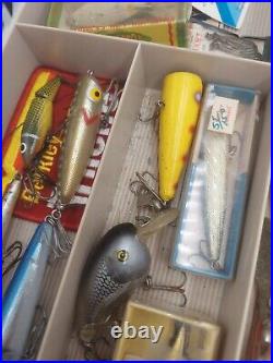 Vintage fishing Tackle Box Plano 7200 penn reels Cisco kid lures Rapalas bait