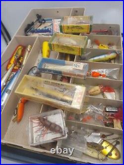 Vintage fishing Tackle Box Plano 7200 penn reels Cisco kid lures Rapalas bait